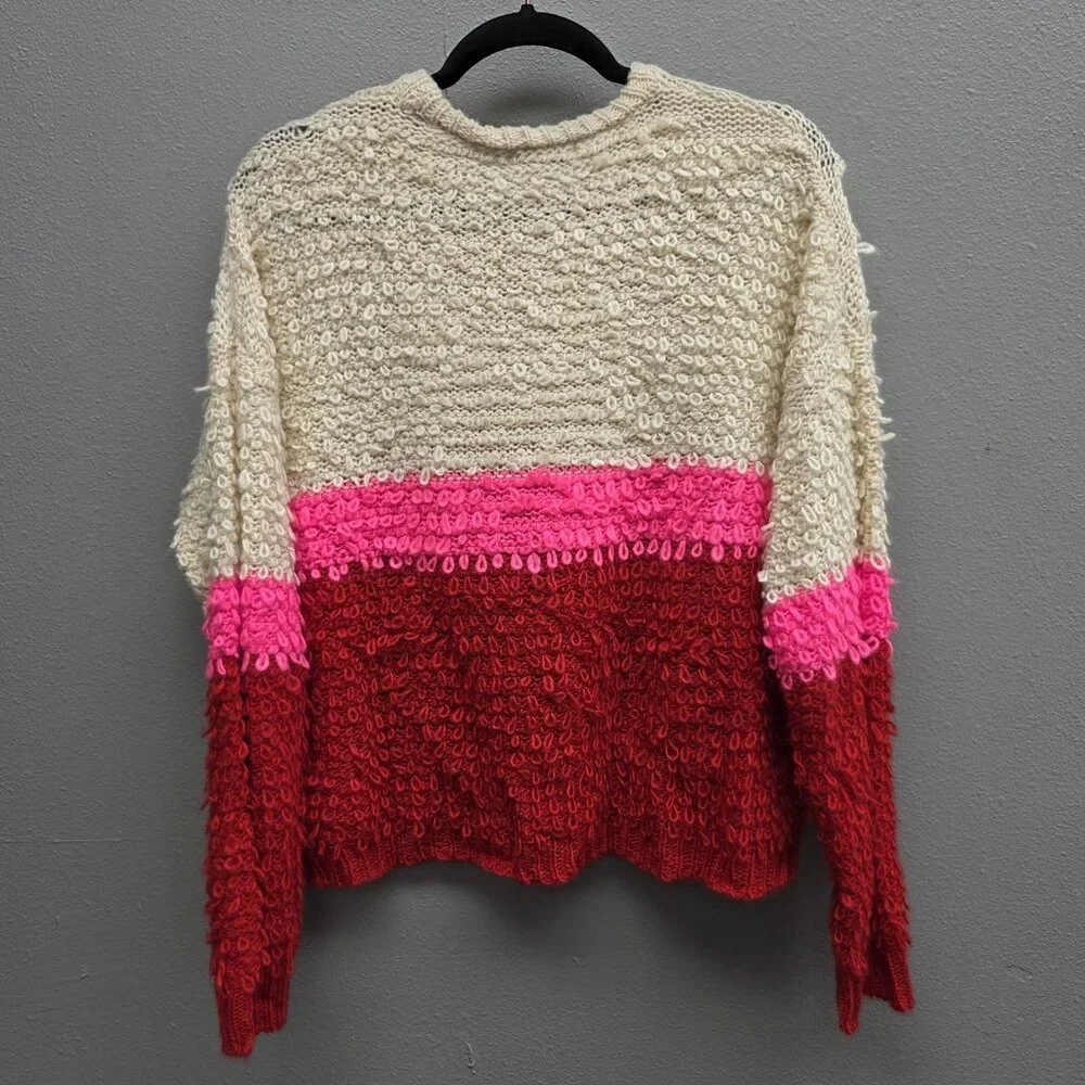 Woven Heart Sweater Womens Medium Cream Pink Red Colorblock Boucle Loop Knit - Picture 4 of 9